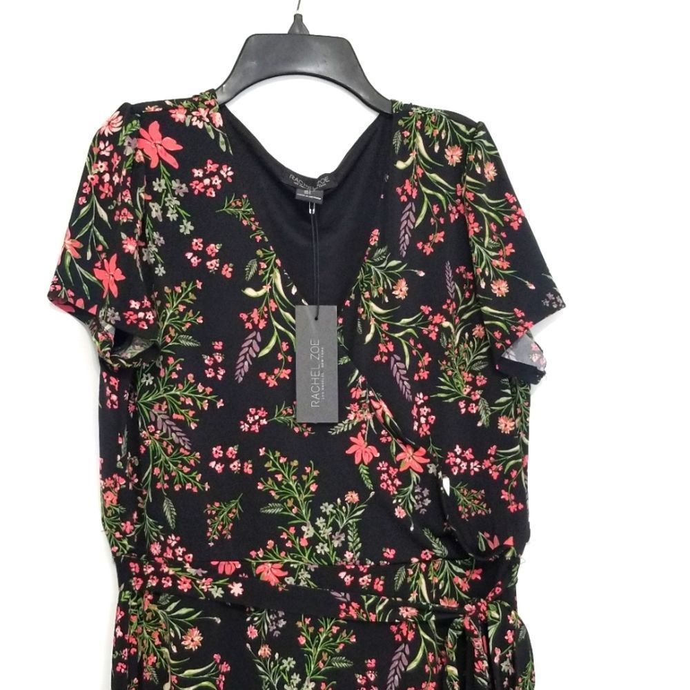 Rachel Zoe NWT Black Floral Midi Faux Wrap Dress‎ Size L. 0056